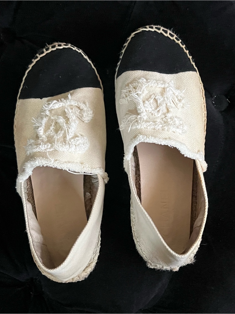 Frayed Canvas Espadrille Slip-Ons in Cream and Black very very worn authentic!